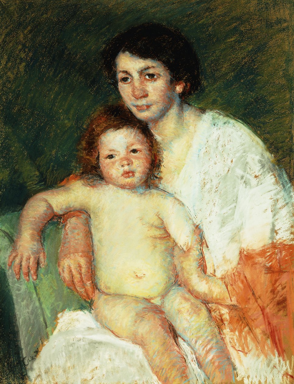 Naakte baby op de schoot van moeder rustend met haar rechterarm op de rugleuning van de stoel, 1913 door Mary Cassatt
