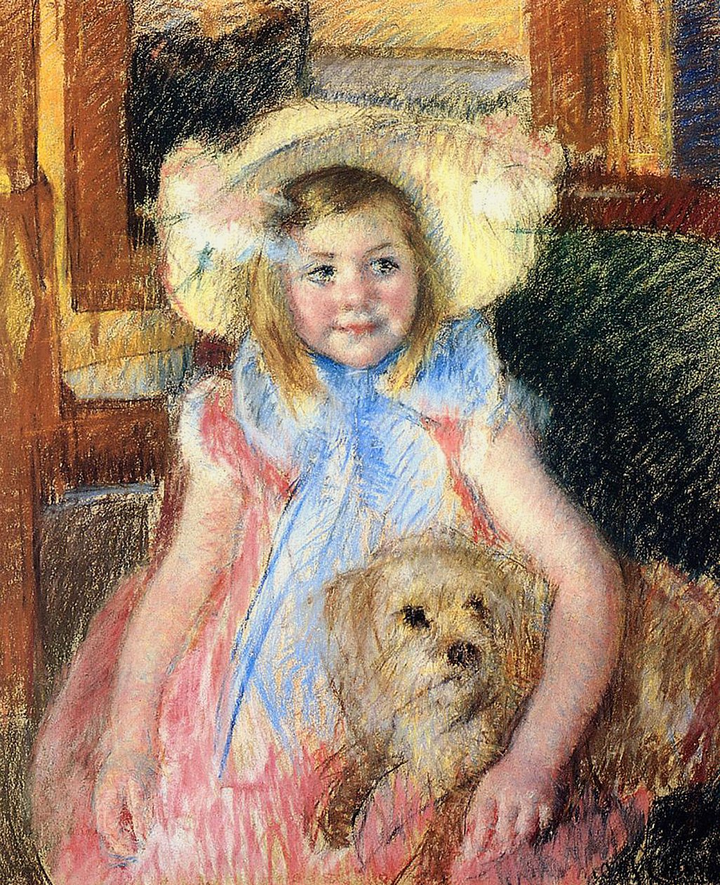 Sara in een grote bloemenhoed, naar rechts kijkend, haar hond vasthoudend door Mary Cassatt