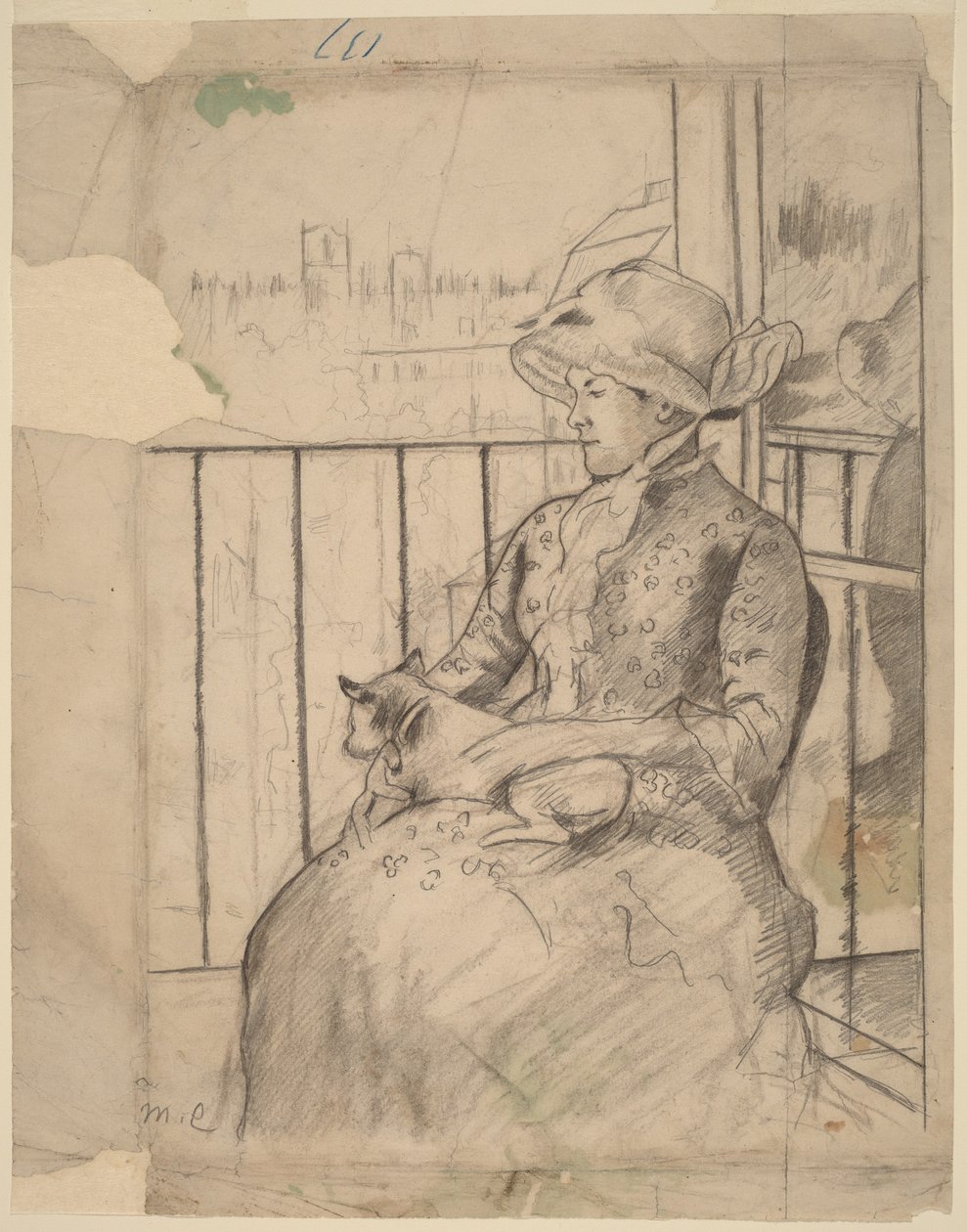 Susan op een balkon met een hond [recto] door Mary Cassatt