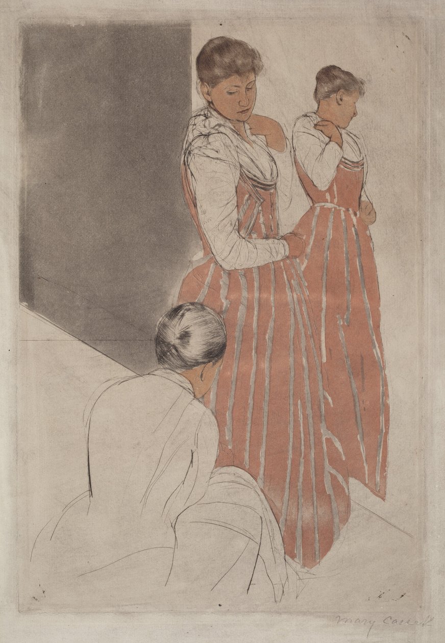 Het passen door Mary Cassatt