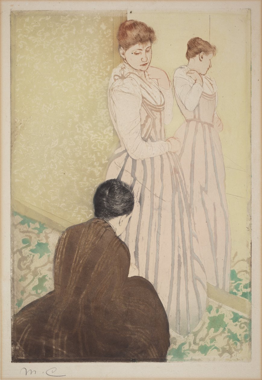 Het passen door Mary Cassatt
