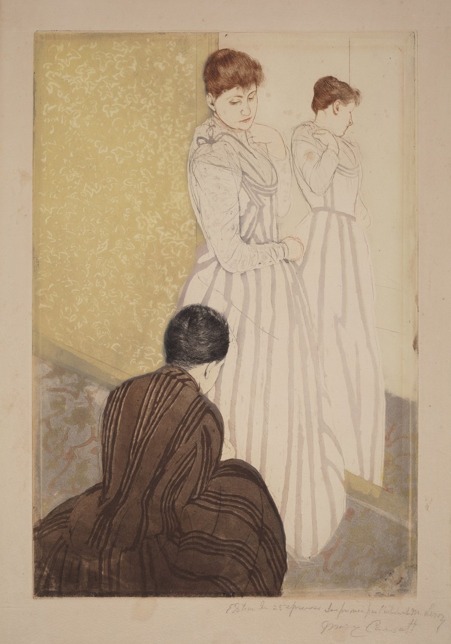 Het passen door Mary Cassatt