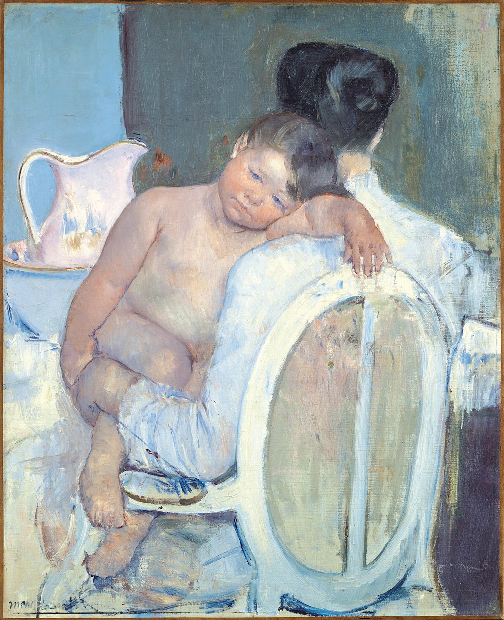 Vrouw die met een kind in haar armen zit door Mary Cassatt