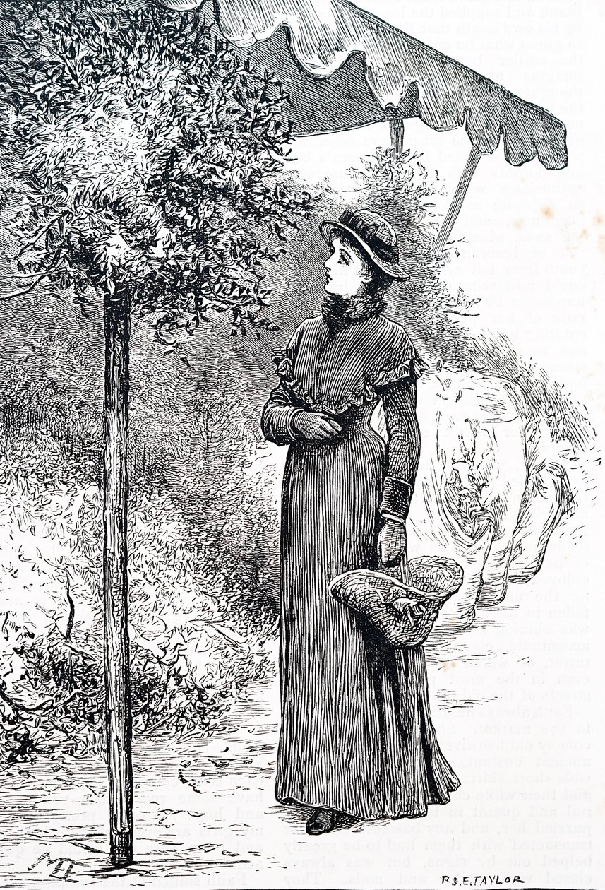 Een vrouw die hulst koopt voor kerstversieringen. Door Mary Ellen Edwards (1838-1934) een Engelse kunstenaar door Mary Ellen Edwards