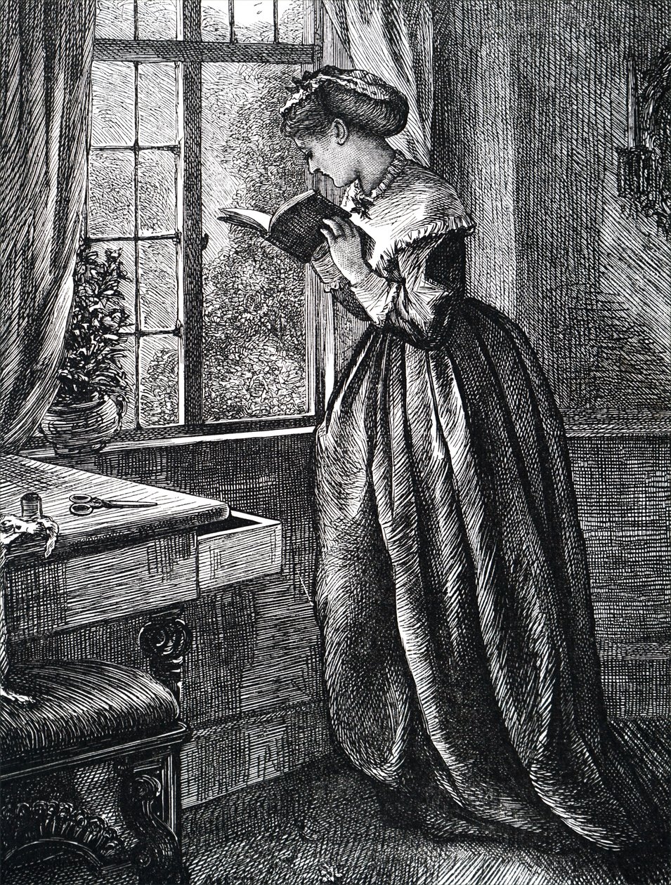 Een jonge vrouw die leest bij een open raam door Mary Ellen Edwards