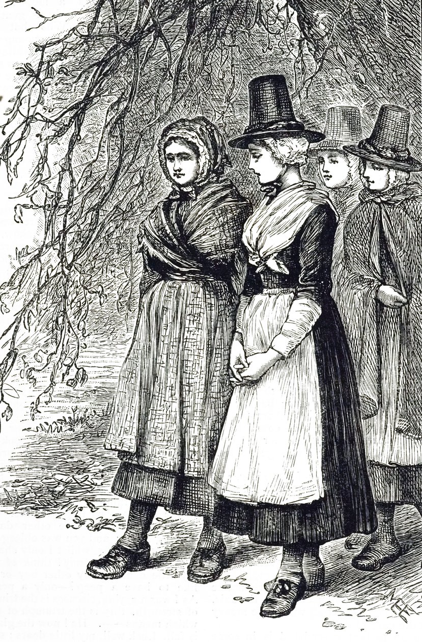 Een gravure die Welshe meisjes afbeeldt op een Hollantide Fair, een huurbeurs, wachtend om als dienstmeisjes aangenomen te worden door Mary Ellen Edwards
