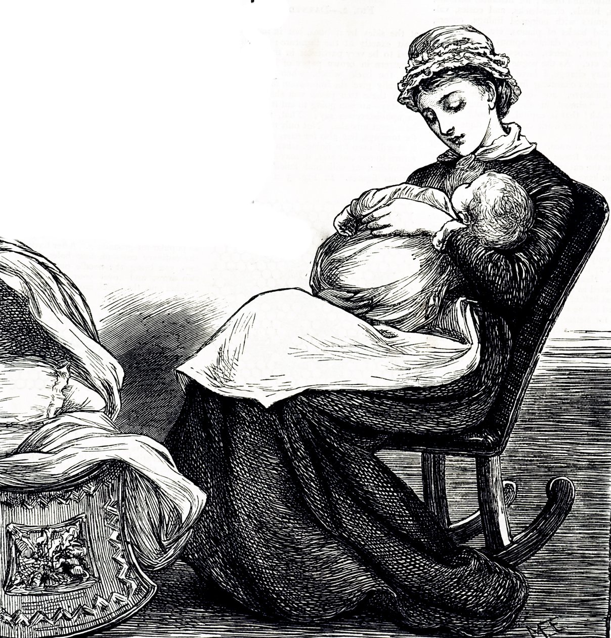 Een gravure die een moeder toont die haar baby wiegt. Geïllustreerd door Mary Ellen Edwards (1838-1934) een Engelse kunstenares en productieve illustrator van kinderboeken door Mary Ellen Edwards