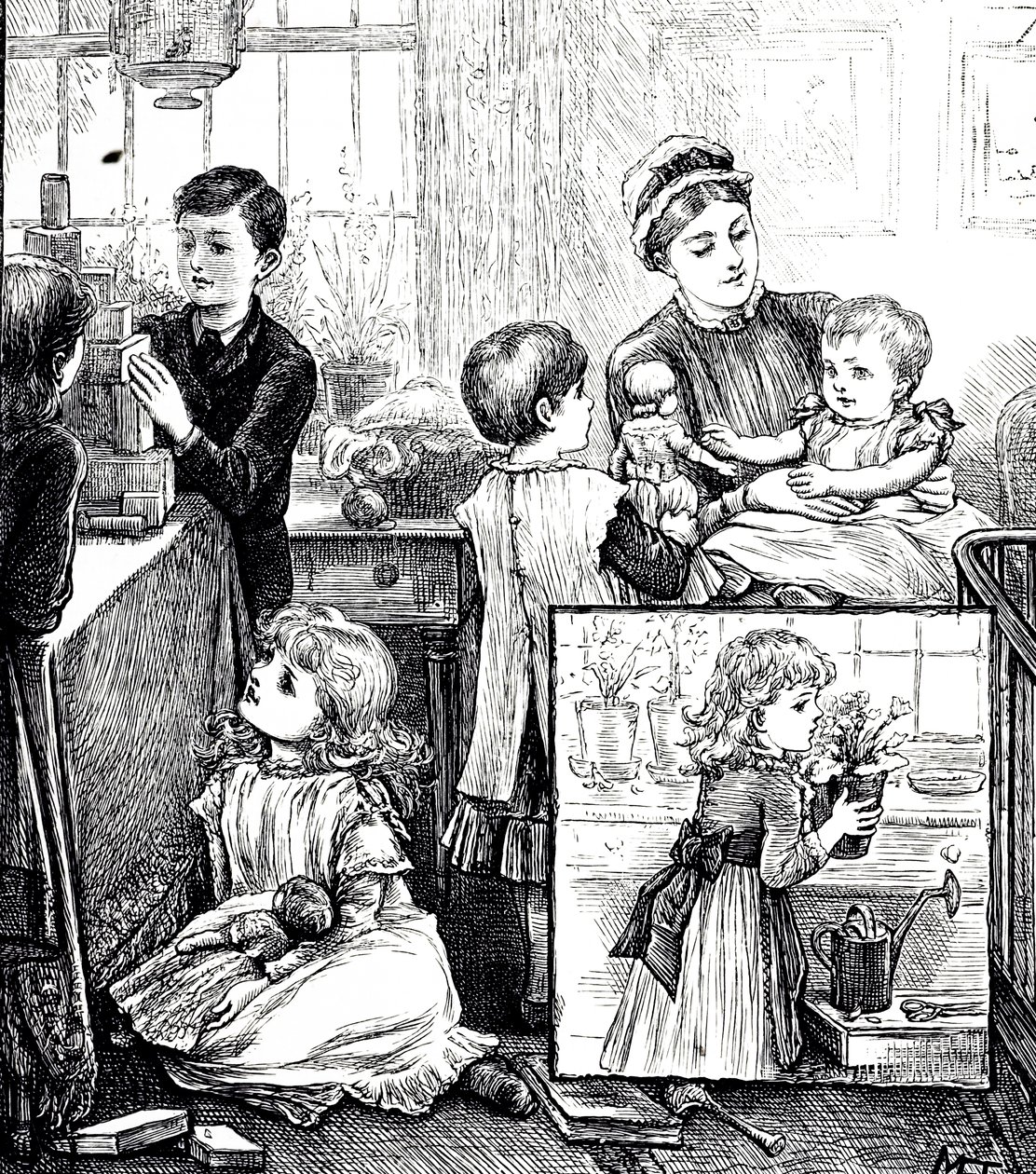 Een gravure die een reguliere scène van een rijke Victoriaanse familie toont. In de hoofdafbeelding worden de kinderen in de gaten gehouden door hun kindermeisje terwijl ze met bouwstenen spelen. De inzetafbeelding toont een klein meisje dat een potplant o door Mary Ellen Edwards