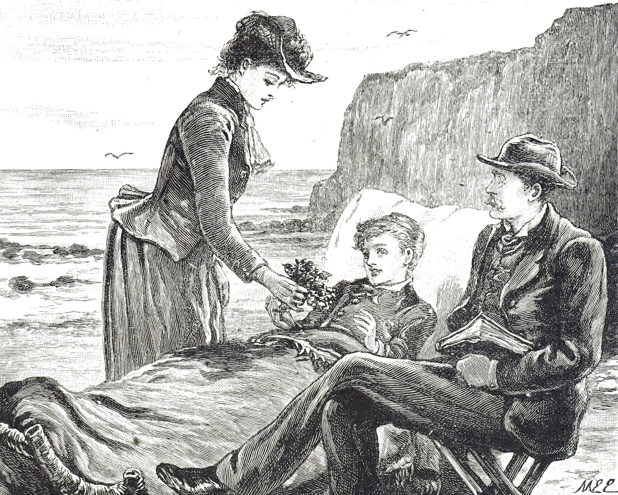 Gravure die een kreupele jongen aan zee afbeeldt door Mary Ellen Edwards