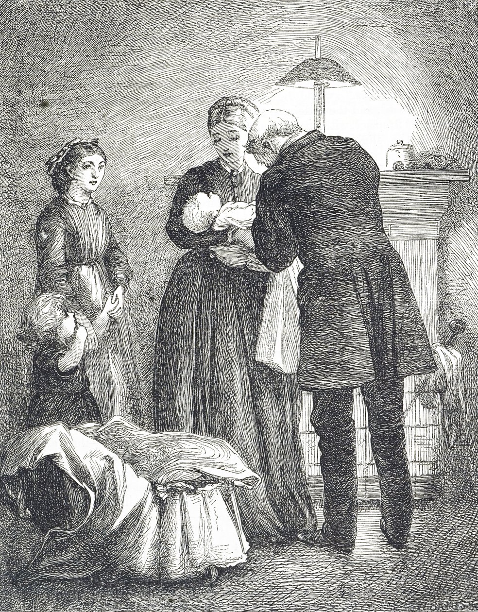 Gravure die een dokter afbeeldt die een baby met mazelen onderzoekt door Mary Ellen Edwards