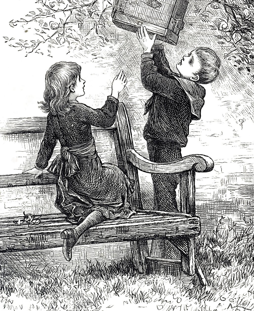 Gravure die kinderen toont met hun huismus in zijn kooi door Mary Ellen Edwards