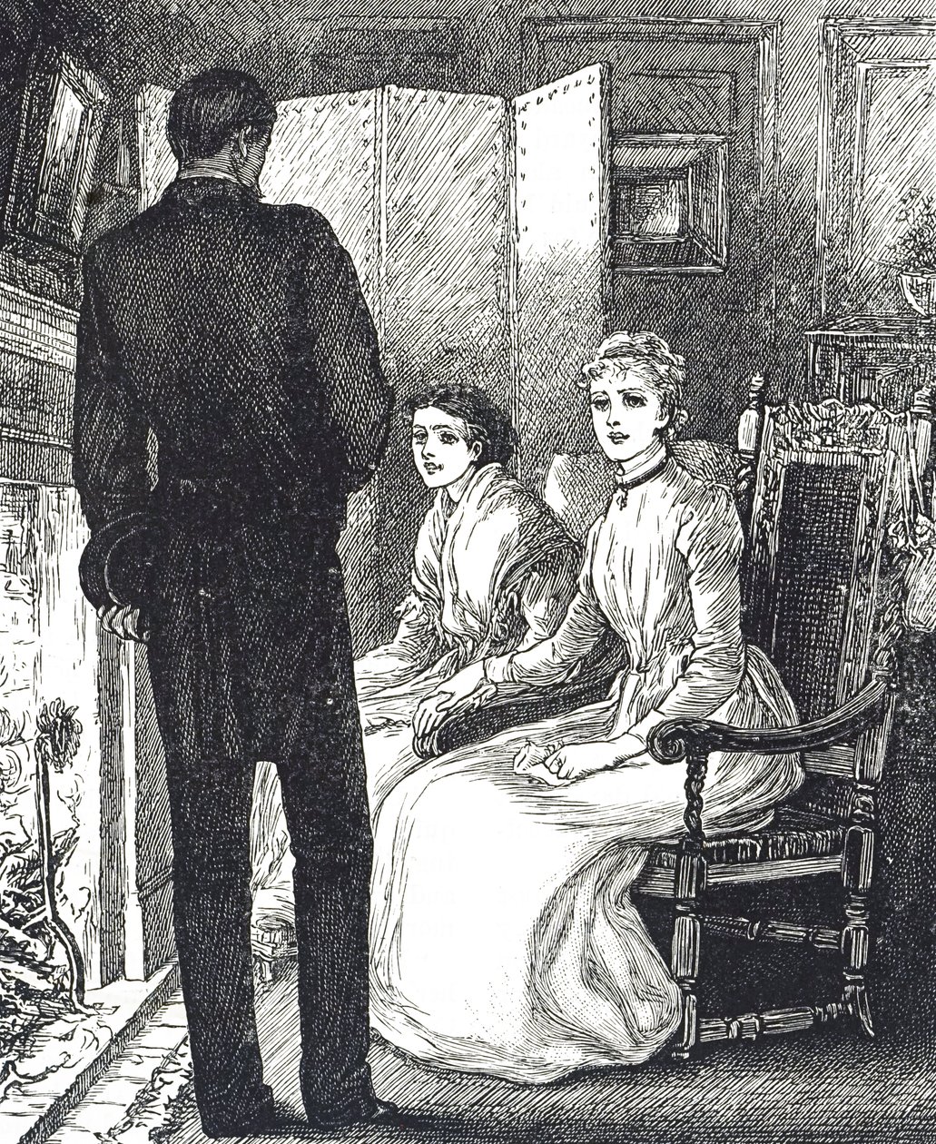 Gravure die twee vrouwen toont die zich warm houden bij de open haard door Mary Ellen Edwards
