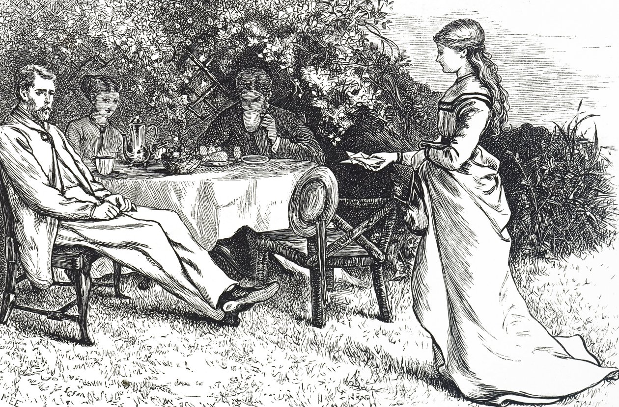 Illustratie van een gezin dat ontbijt in de tuin door Mary Ellen Edwards