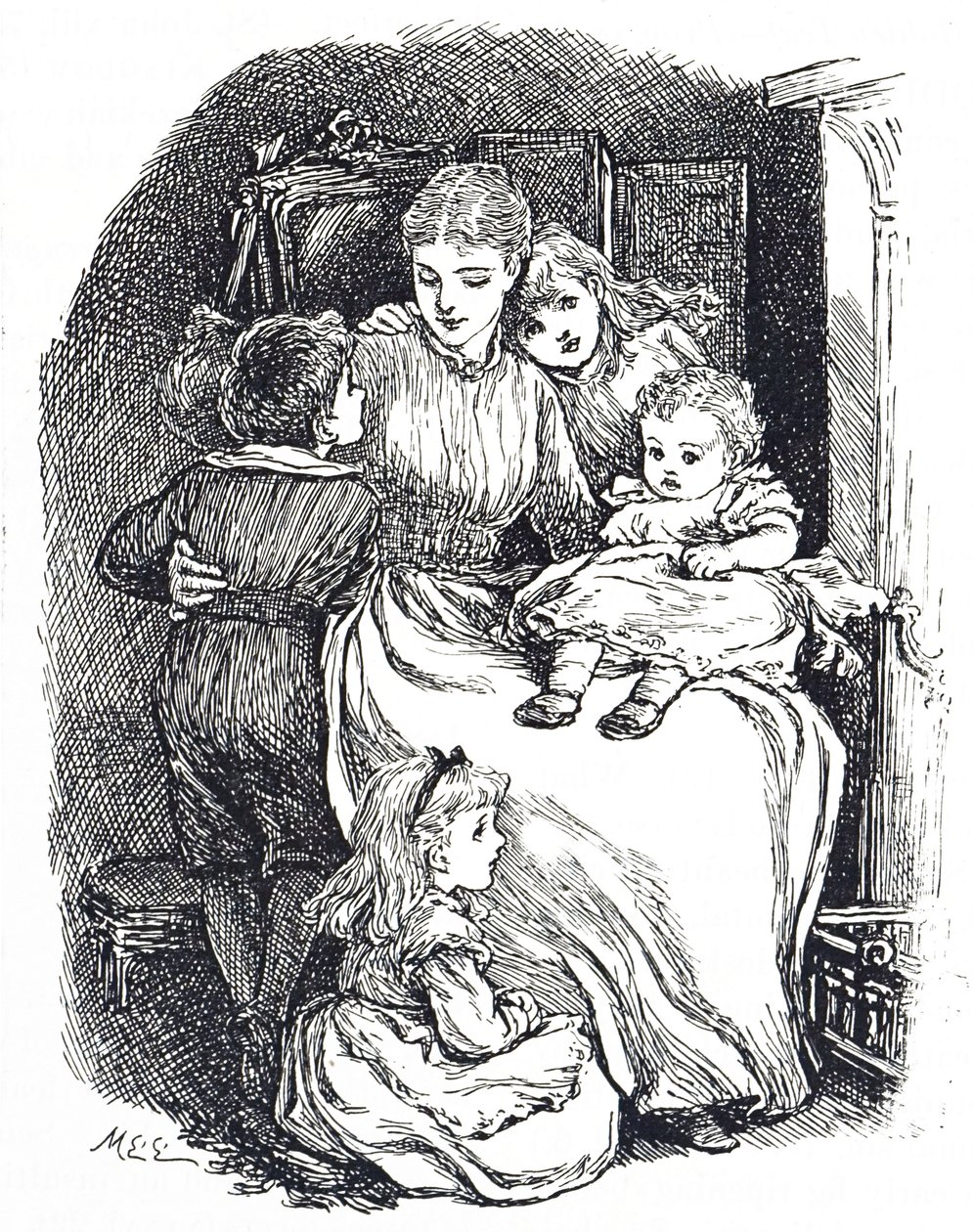 Illustratie die een moeder met haar kinderen afbeeldt door Mary Ellen Edwards