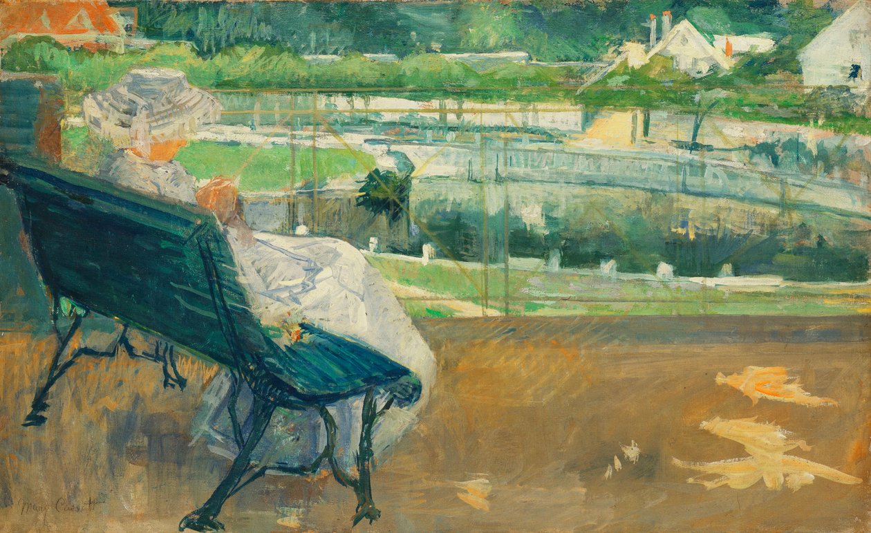 Lydia zittend op een veranda, aan het haken, ca. 1881 door Mary Cassatt