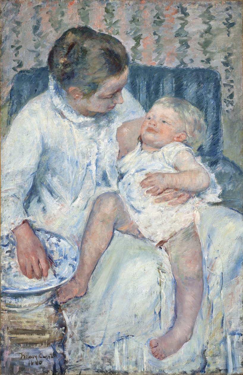 Moeder die haar Slaperige Kind gaat Wassen door Mary Stevenson Cassatt