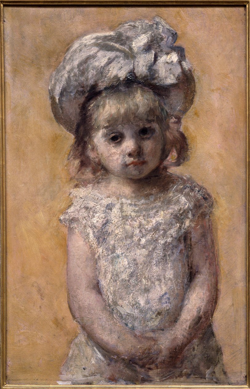 Portret van meisje in kanten jurk. Portret van een klein meisje in een witte jurk kijkt verdrietig. Schilderij door de Amerikaanse Mary Cassatt (1844-1926) door Mary Stevenson Cassatt
