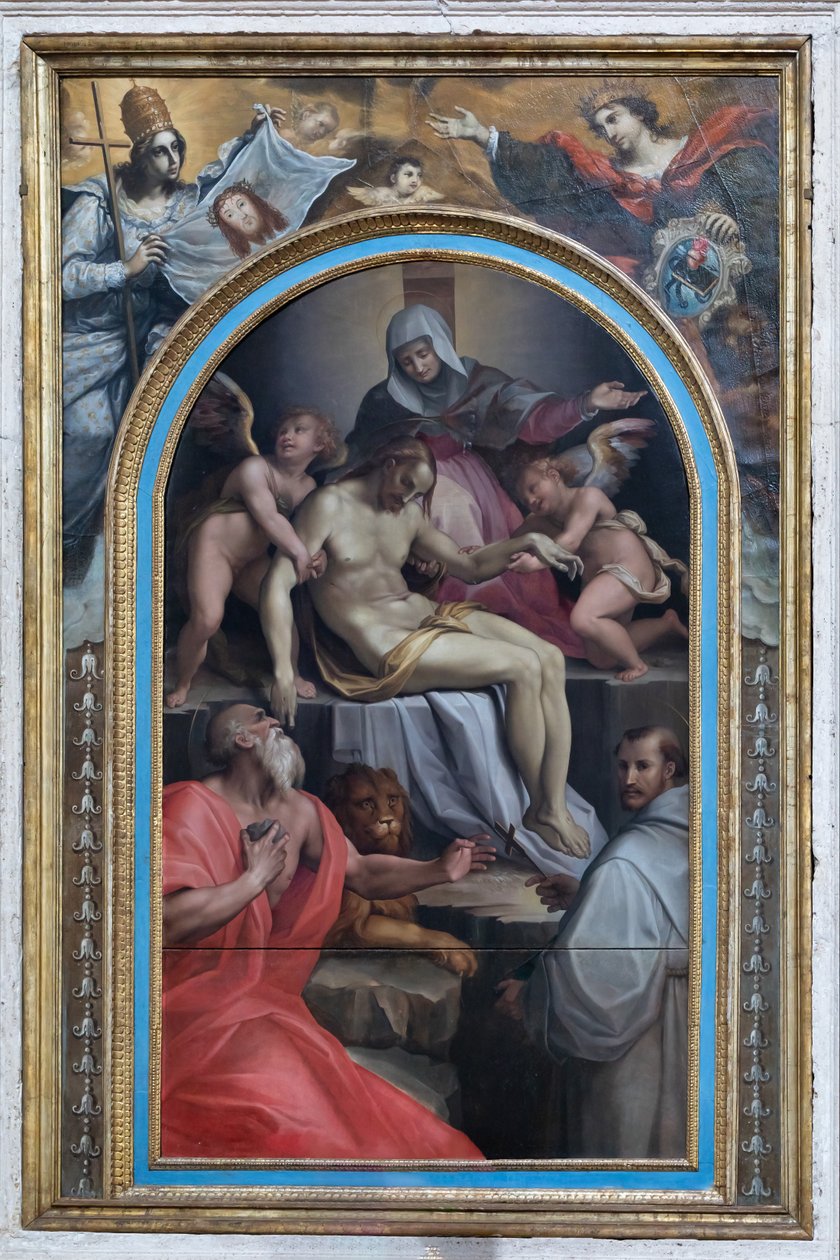 Depositie met de heiligen Girolamo en Francesco, ca.1550-1600 (olieverf op paneel) door Maso da San Friano