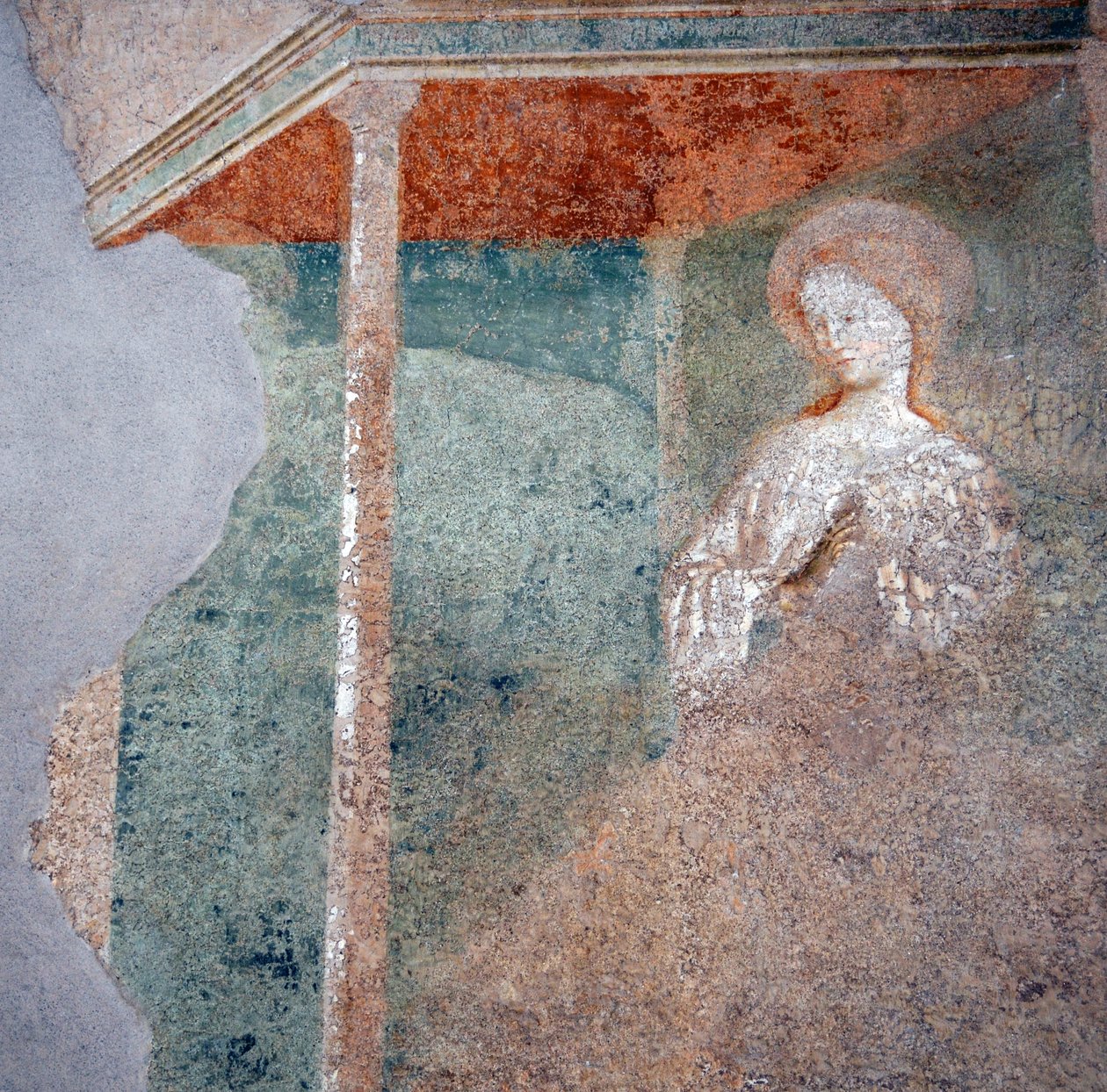 Fresco van Masolino da Panicale in het Baptisterium van Castiglione, detail van de Annunciatie (2) door Masolino da Panicale