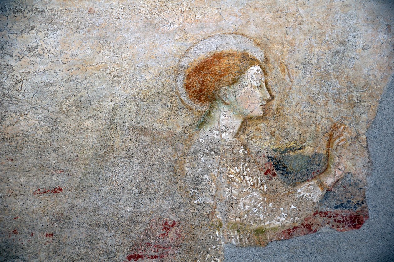 Fresco van Masolino da Panicale in het Baptisterium van Castiglione, detail van de Annunciatie door Masolino da Panicale