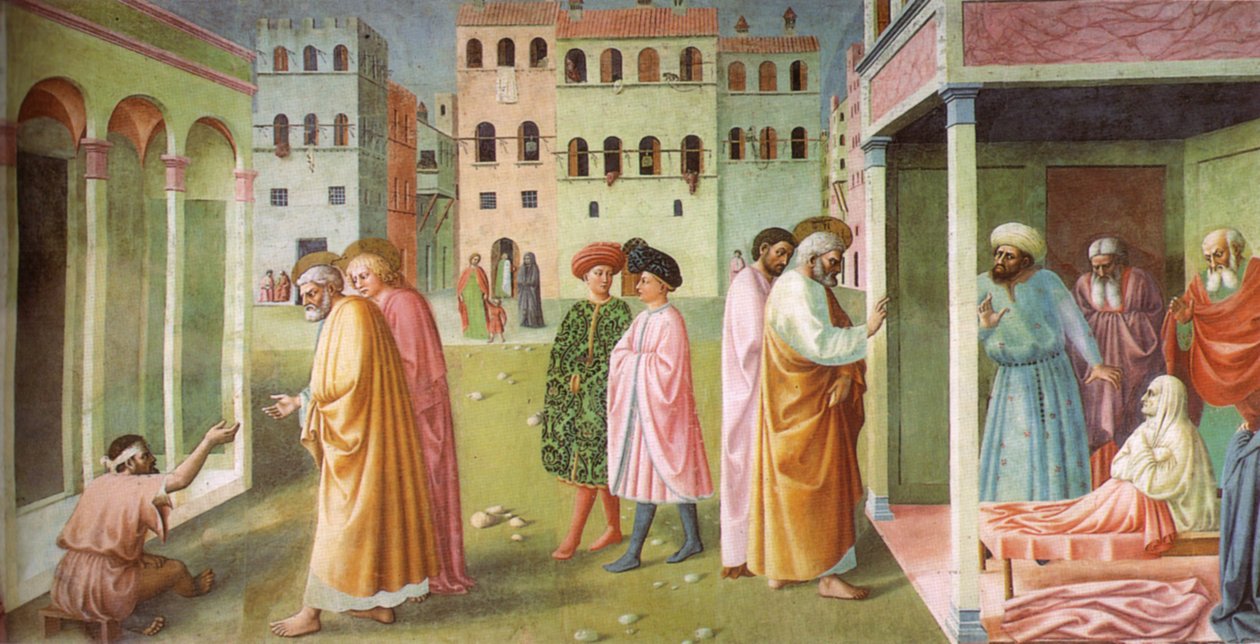 Genezing van de verlamde en opwekking van Tabitha door Masolino da Panicale