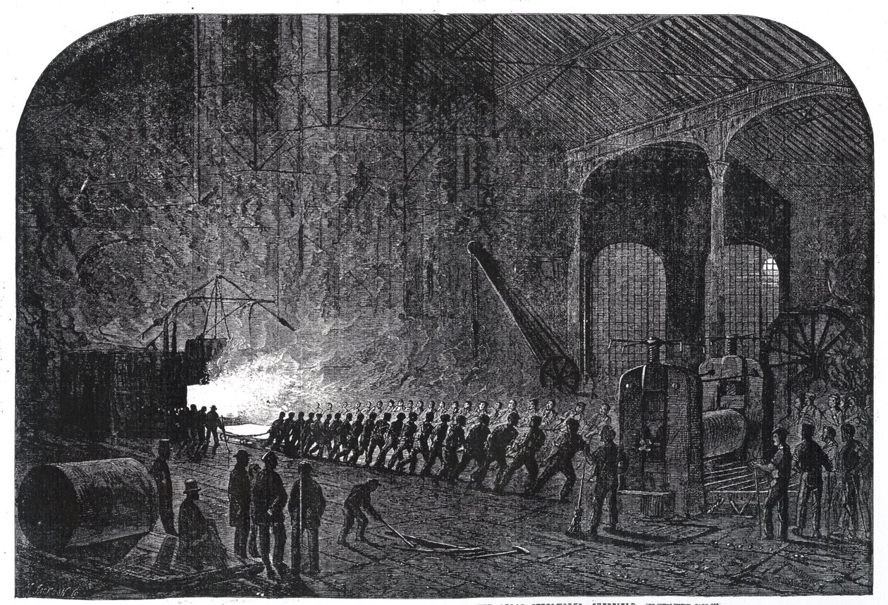 Proces van het rollen van pantserplaten voor de schepen van Hare Majesteit in de Alas Steelworks, Sheffield, illustratie uit 