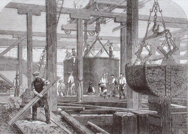 Uitzicht op bouwwerkzaamheden aan Blackfriars Bridge voor de London, Chatham en Dover Railway met het zinken van een cilinder voor een van de ronde stenen pijlers door Mason Jackson