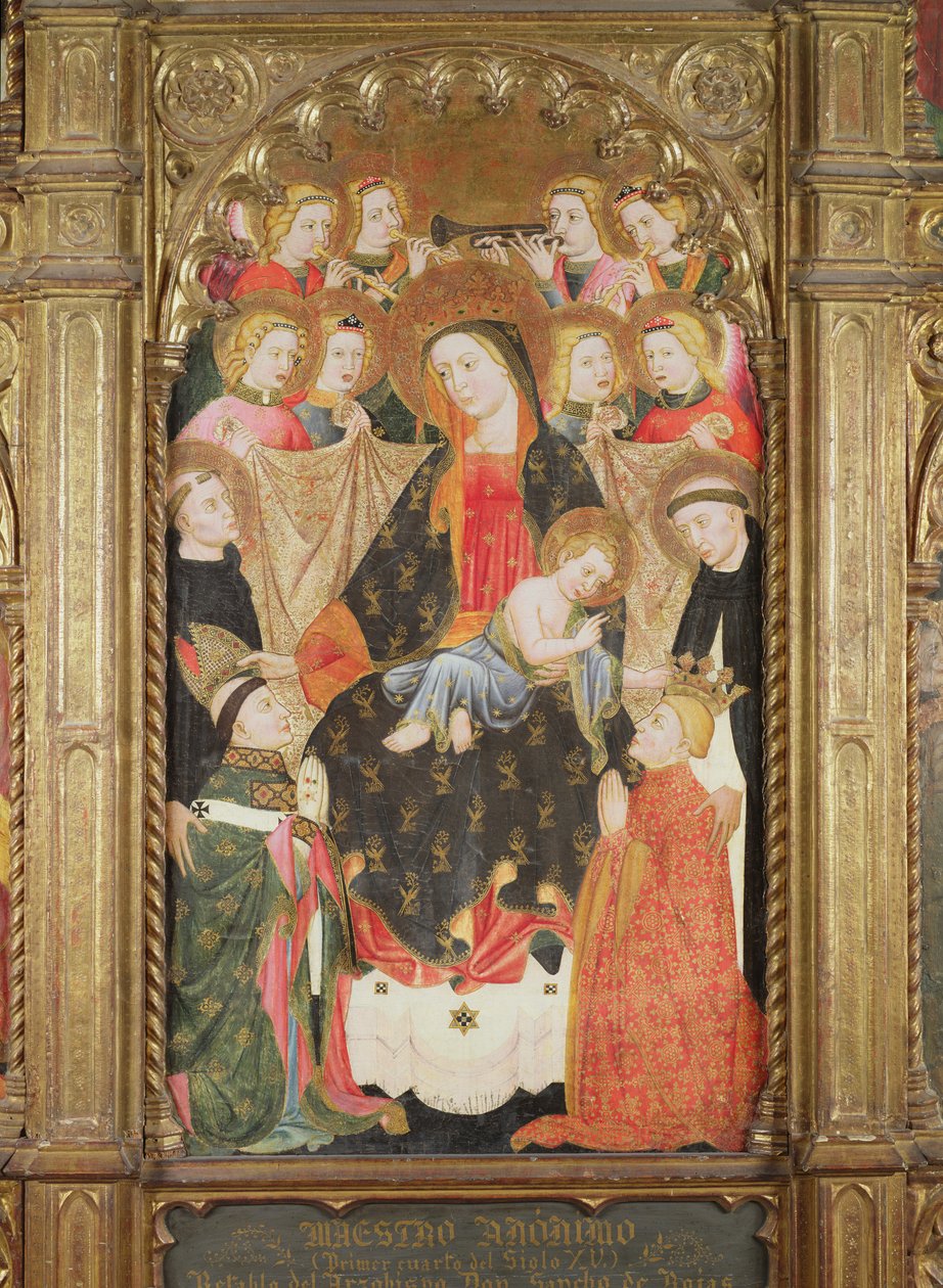 Altaarstuk met de Maagd en Kind met engelen, Dominicaanse heiligen en twee schenkers door Master of Archbishop Don Sancho Rojas
