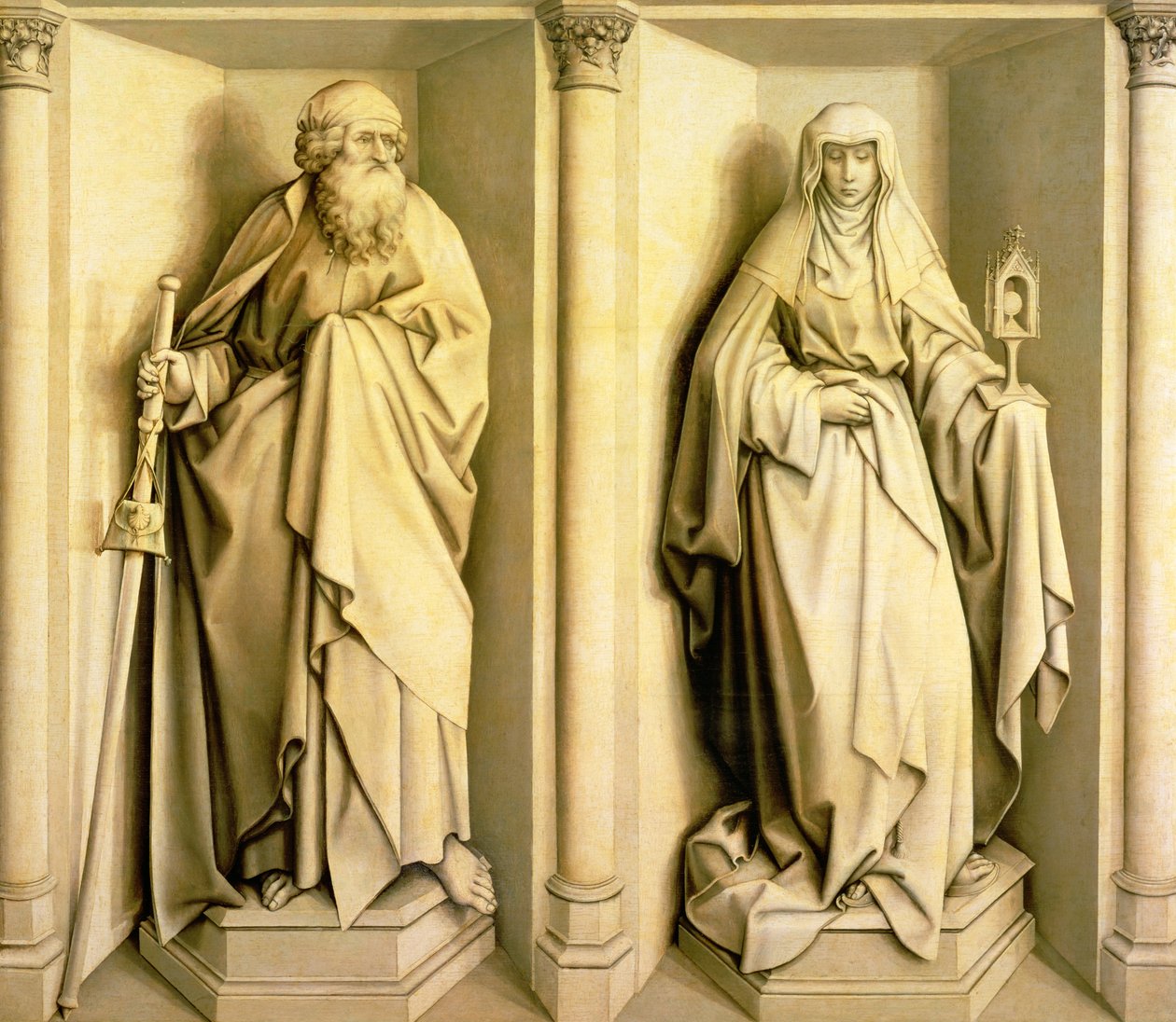 St. Jacobus de Meerdere en St. Clara, predellapaneel van De Bruiloft van de Maagd door Master of Flémalle