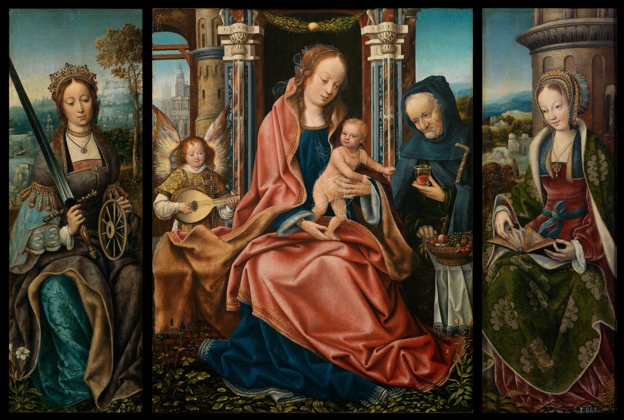 Heilige Familie met muzikale engel, Sint Catharina van Alexandrië, Sint Barbara door Master of Frankfurt