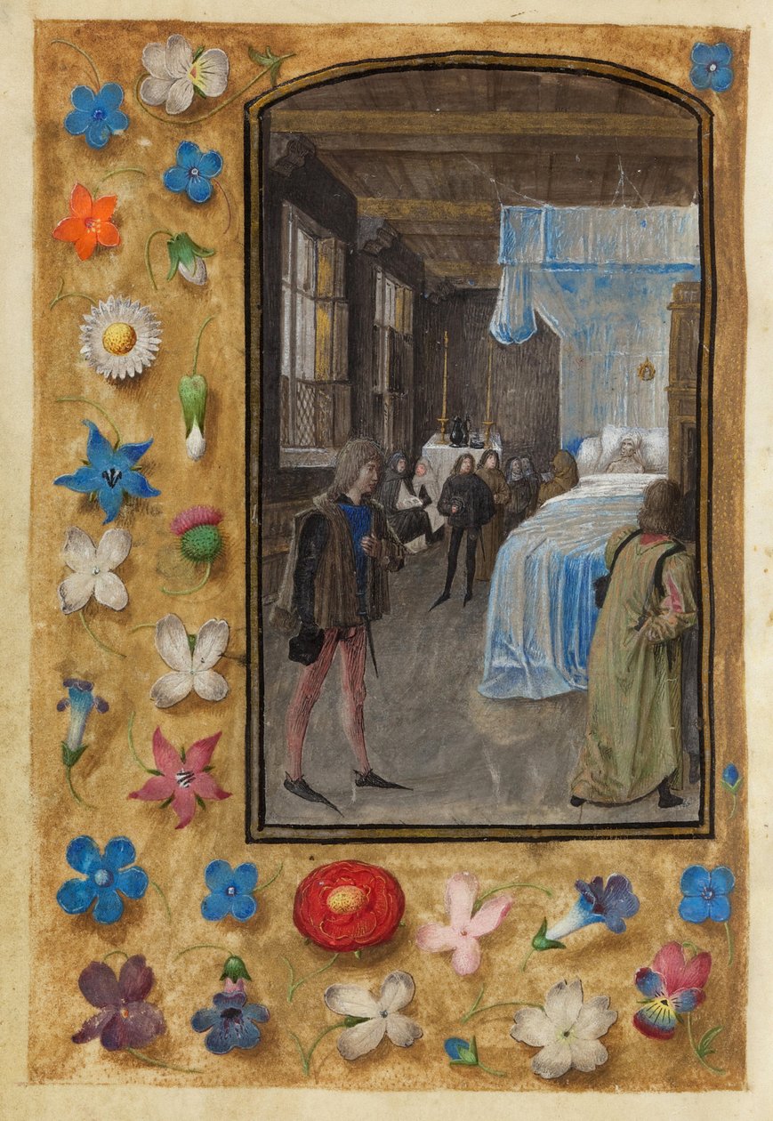 Sterven in bed in het Getijdenboek van William Hastings door Master of Mary of Burgundy