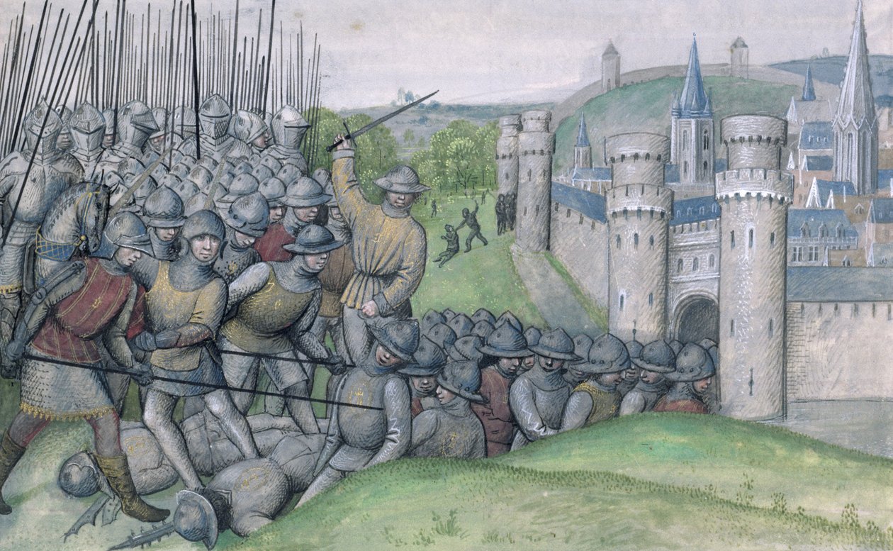 Ms 659 f.282r Lodewijk, Graaf van Vlaanderen en de stad Brugge worden verslagen door Filips van Artevelde en de mensen van Gent in de Slag bij Bevenhoutsveld door Master of Mary of Burgundy