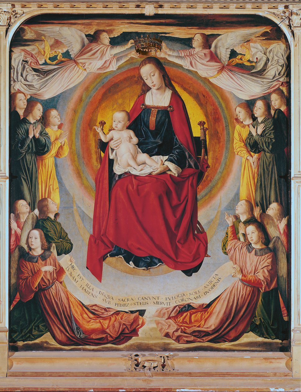 Kroning van de Maagd, middenpaneel van het Bourbon Altaarstuk, c.1498 door Master of Moulins