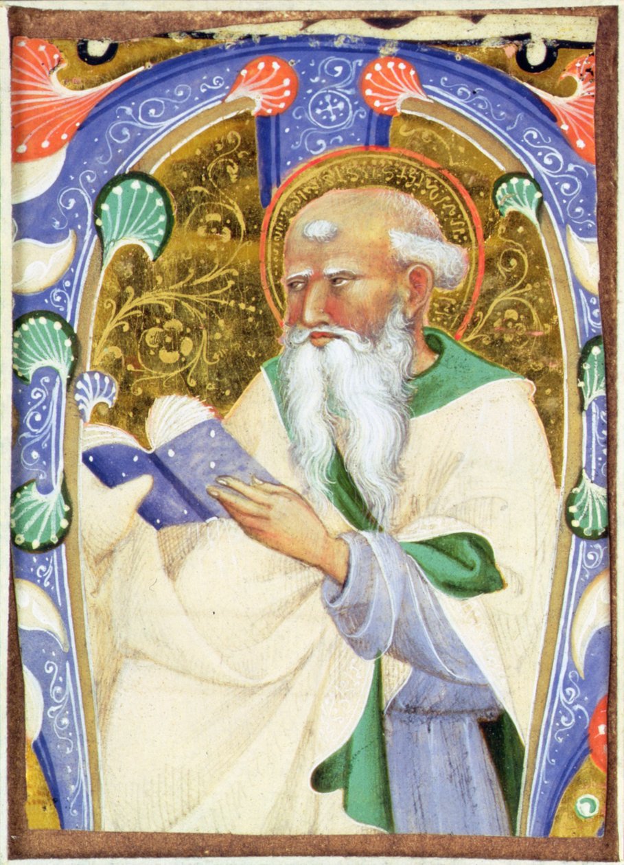 Geïllustreerde initiaal M die een bebaarde heilige met een boek toont door Master of San Michele of Murano