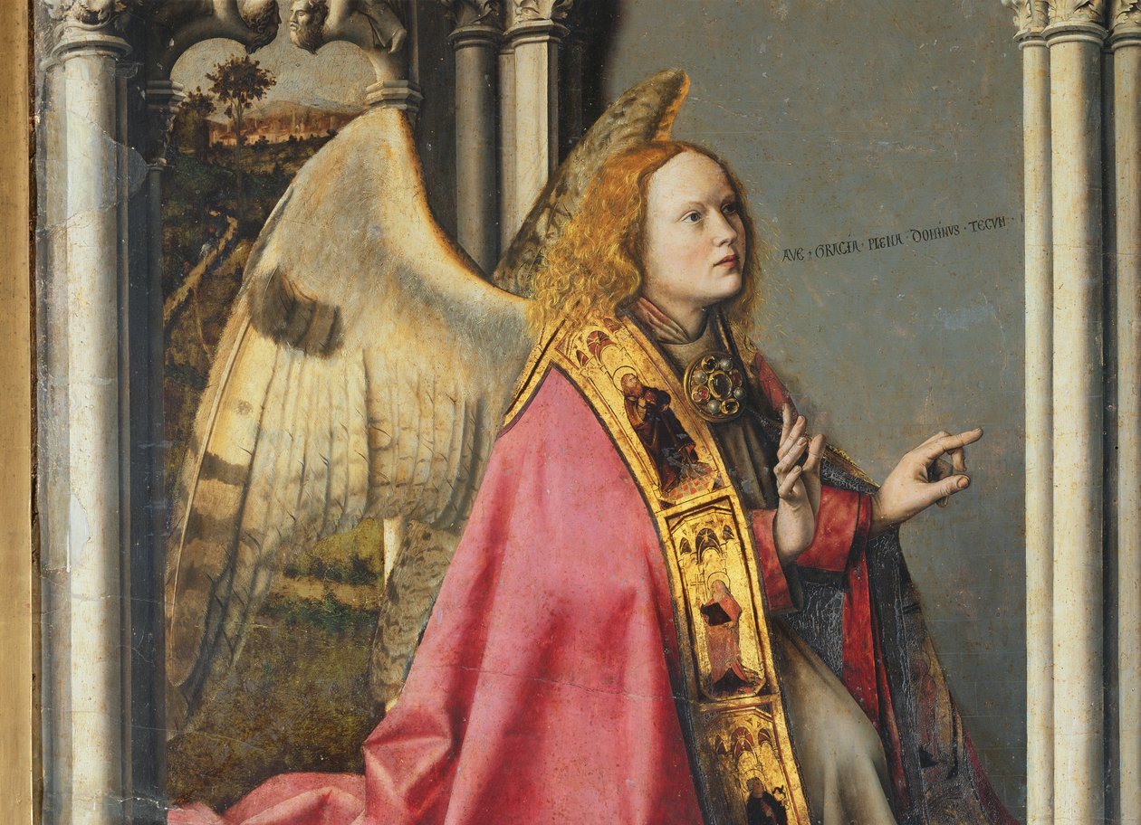 De Engel, Gabriël, kondigt de Annunciatie aan Maria aan, ca. 1445 (detail) door Master of the Aix Annunciation
