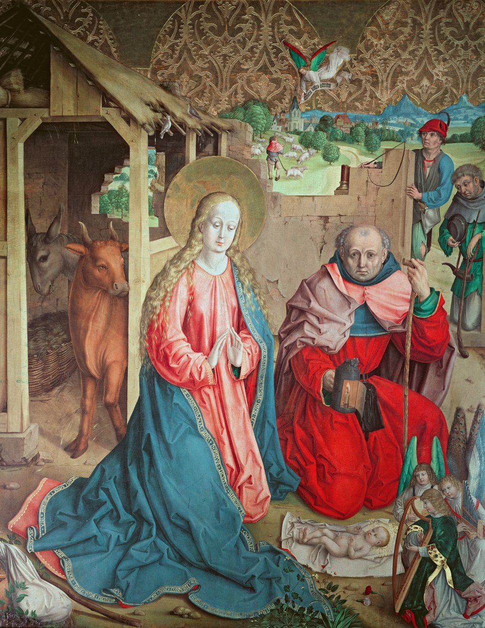 Aanbidding van de Herders, uiterst linkerpaneel van het retabel op het hoogaltaar door Master of the Carnation