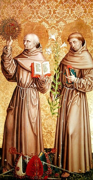 St. Bernardino van Siena en St. Antonius van Padua, rechterpaneel van het retabel op het hoogaltaar door Master of the Carnation