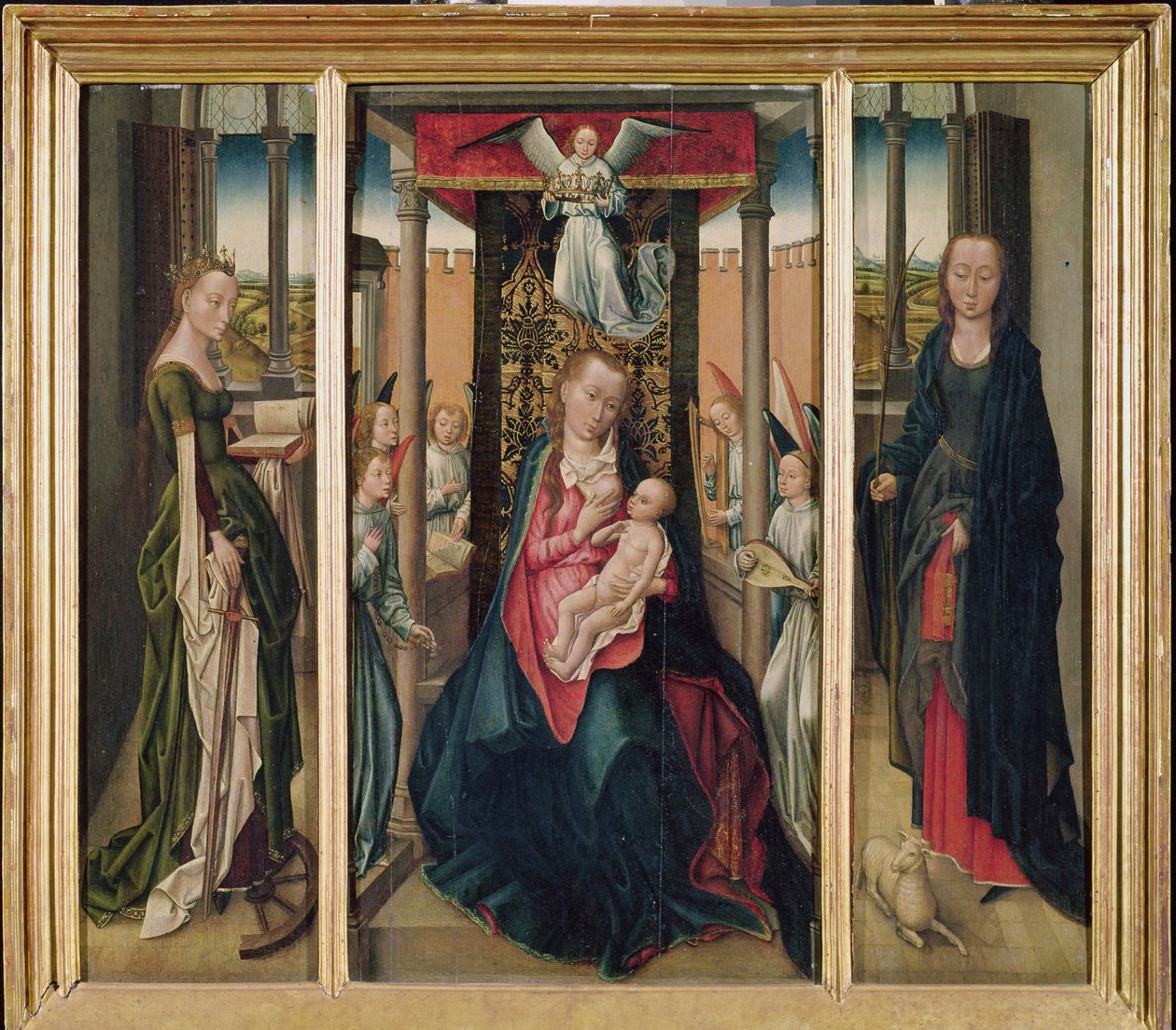De Maagd en het Kind met de Heiligen Catharina en Agnes door Master of the Legend of St. Catherine