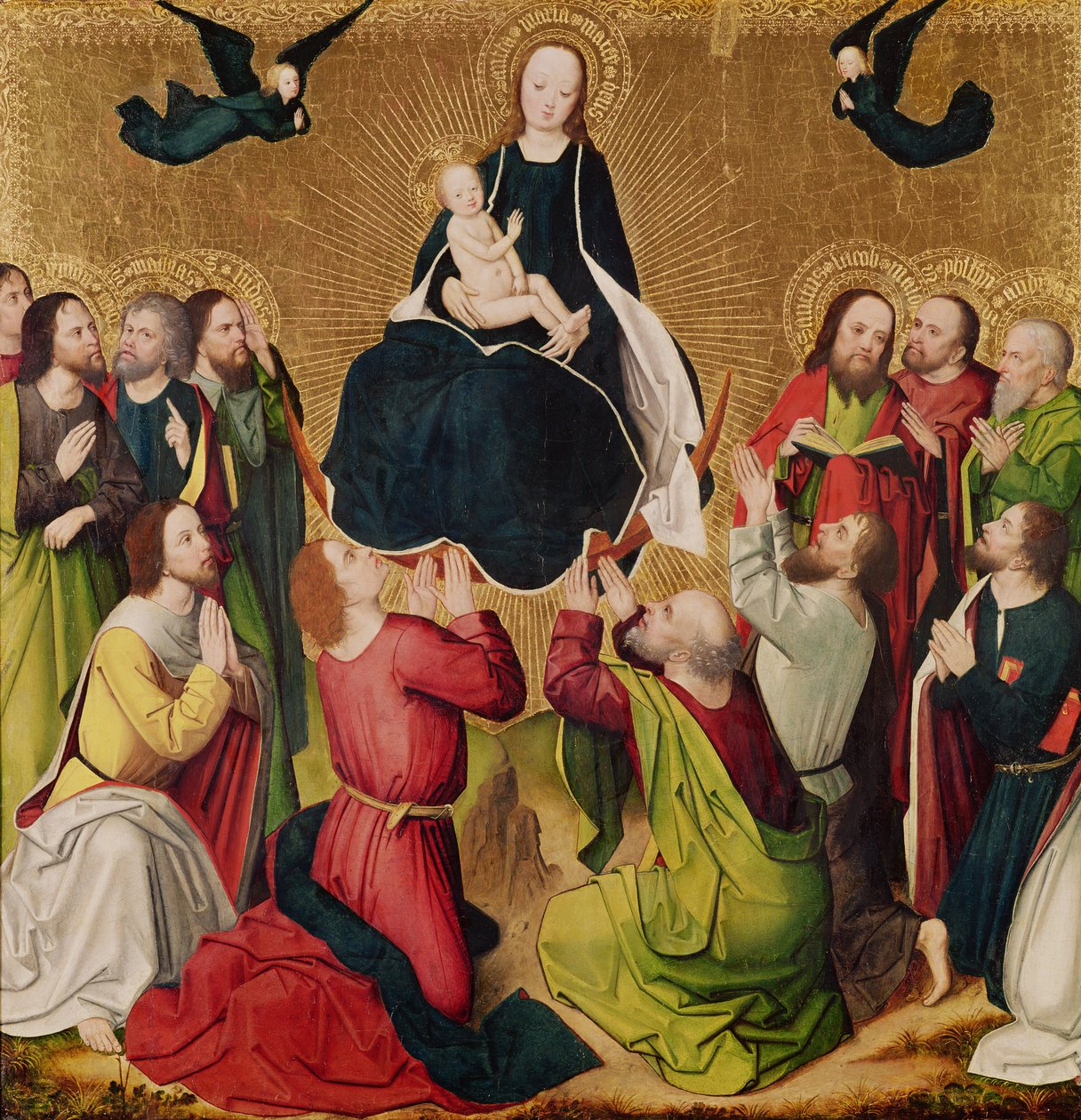 De Maagd in glorie met de apostelen, centraal paneel van een drieluik, laat 15e eeuw (paneel) door Master of the Lyversberg Passion