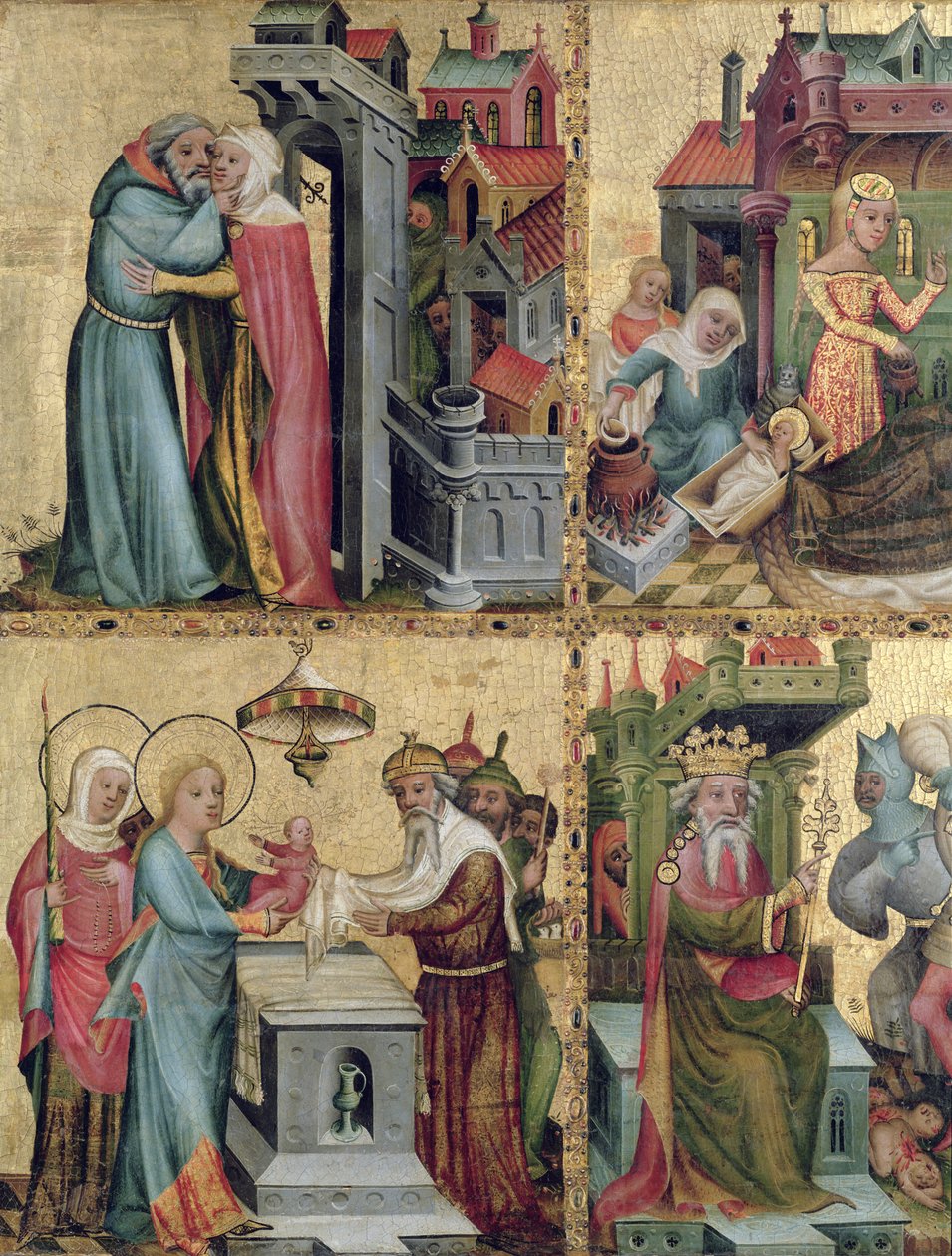 Ontmoeting bij de Gouden Poort en de Presentatie in de Tempel, van het Buxtehude Altaar, 1400-10 door Master Bertram of Minden