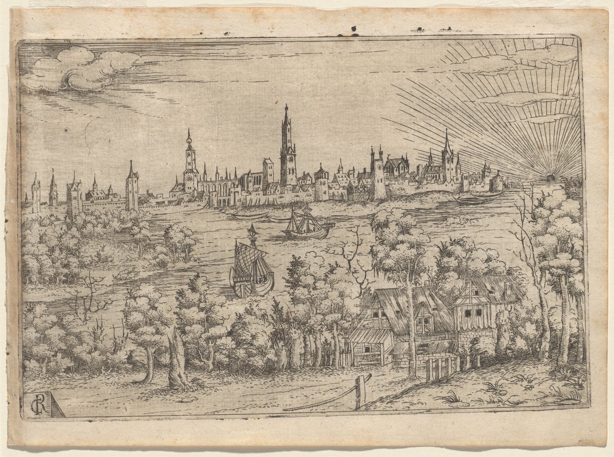 Uitzicht over een rivier naar een ommuurde stad bij zonsondergang door Master CR