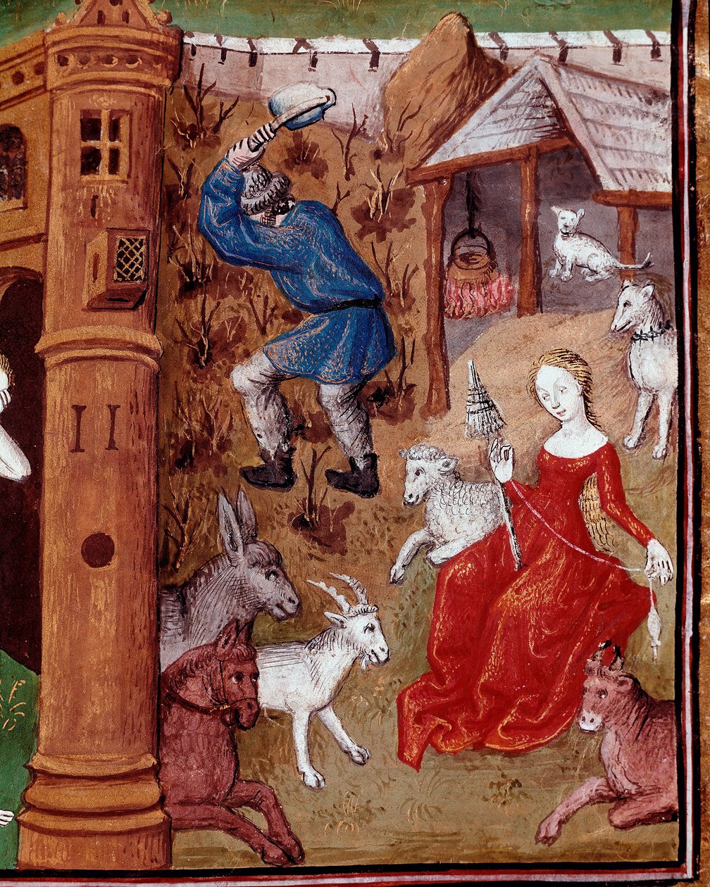 Voorstelling van Adam die de aarde bewerkt en Eva die wol spint na hun verdrijving uit het aardse paradijs. Miniatuur uit “Des cas des nobles hommes et femmes infortunes” (De casibus) door Giovanni Boccaccio, ook wel Jean Boccace (1313-1375), Italië door Master Dunois
