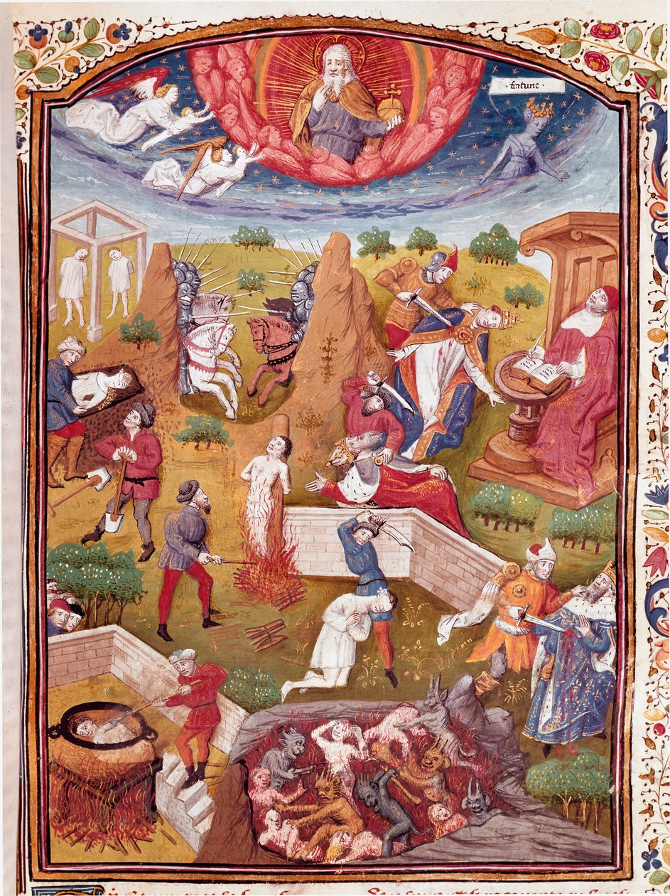 Visioen van Boccaccio: scène van marteling, ophanging, bloedbad Miniatuur uit 