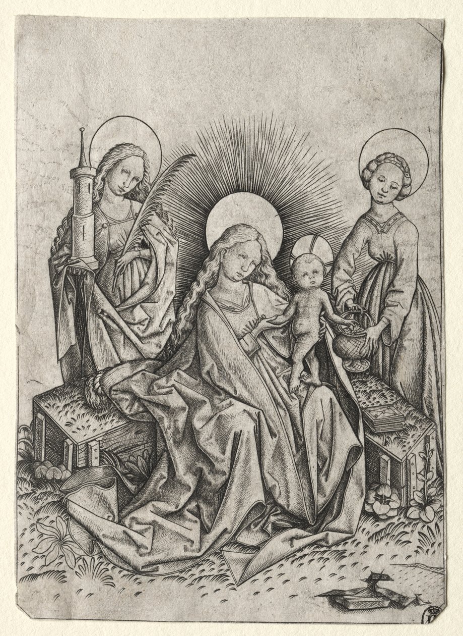 Madonna en kind in een tuin tussen St. Barbara en St. Dorothea door Master ES