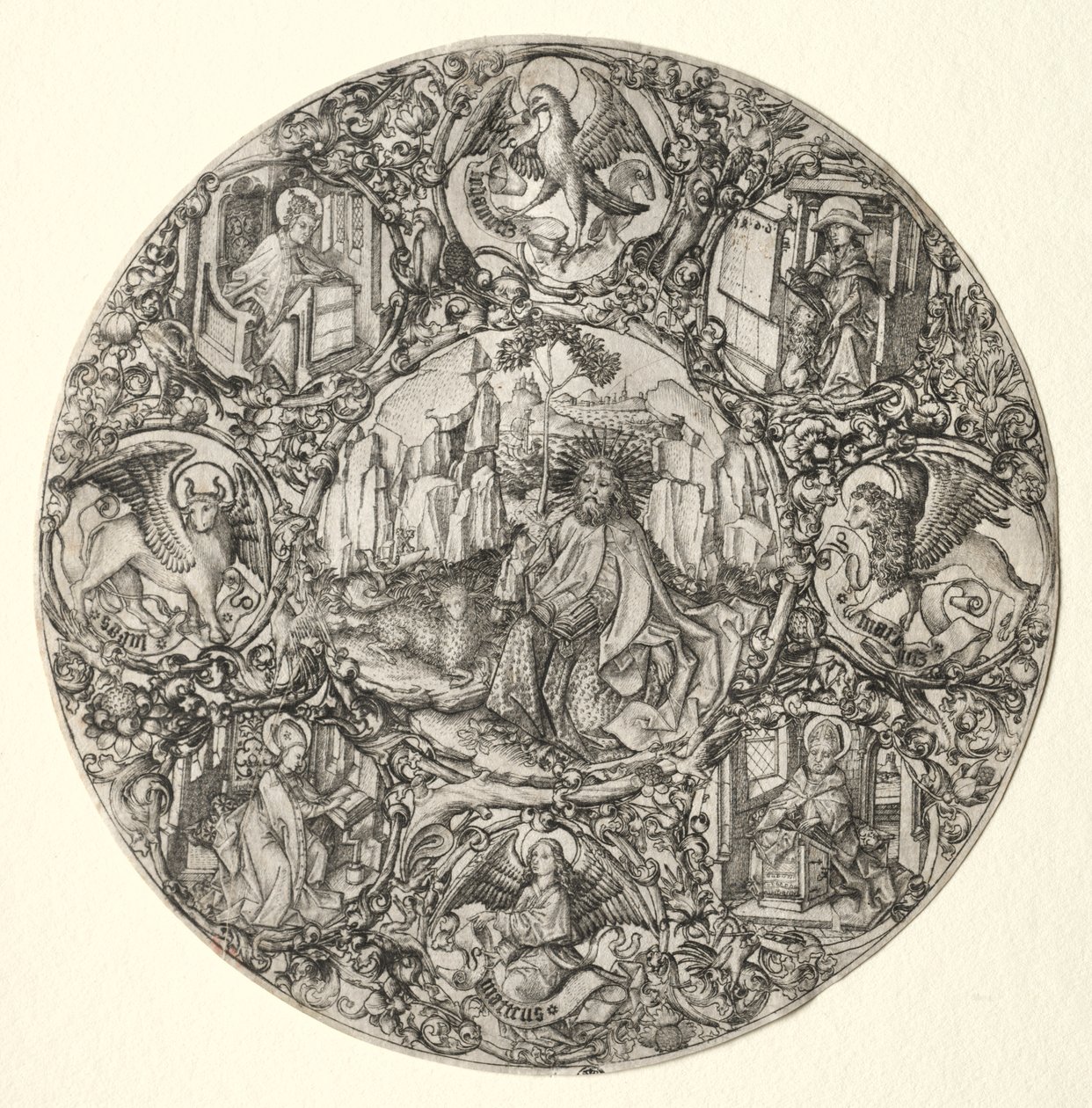 St. Johannes de Doper omringd door de evangelisten en vier kerkvaders van de Latijnse Kerk door Master ES