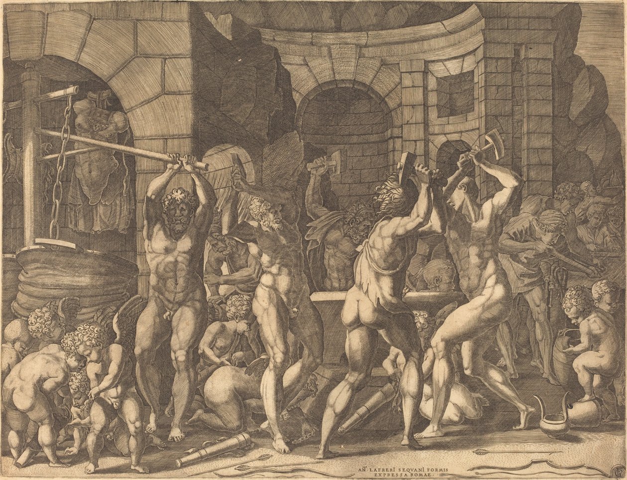Vulcanus en de Cyclopen die Pijlen Smeden door Master FG, after Francesco Primaticcio