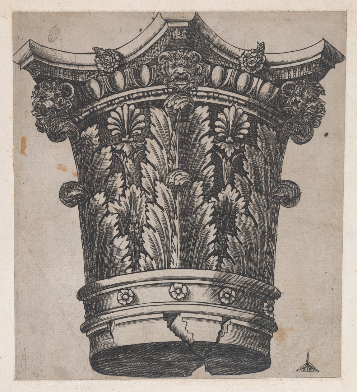 Speculum Romanae Magnificentiae: Kapiteel met hoofden en maskers, ca. 1537 door Master GA