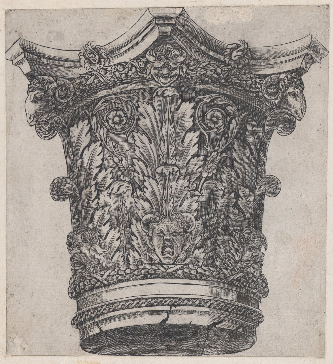 Speculum Romanae Magnificentiae: Kapiteel met ramshoofden en maskers, ca. 1537 door Master GA