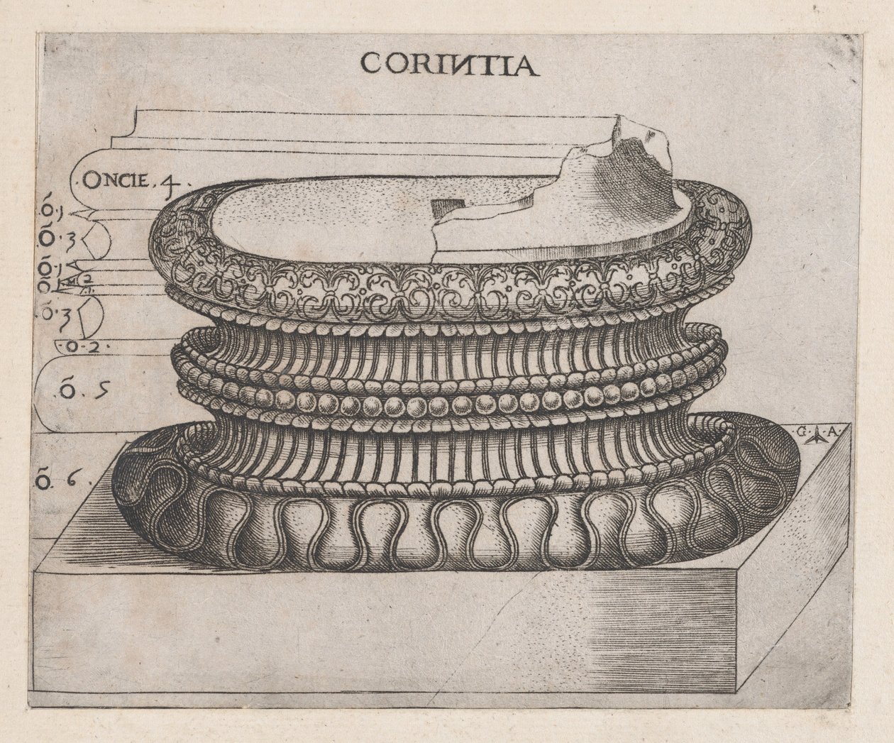 Speculum Romanae Magnificentiae: Korinthische basis, ca. 1537 door Master GA