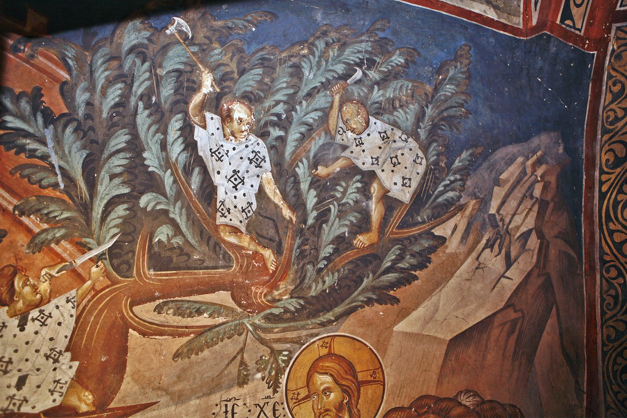 De intocht van Christus in Jeruzalem. Detail: Kinderen die palmboomtakken snijden, 14e eeuw door Master Gerasime